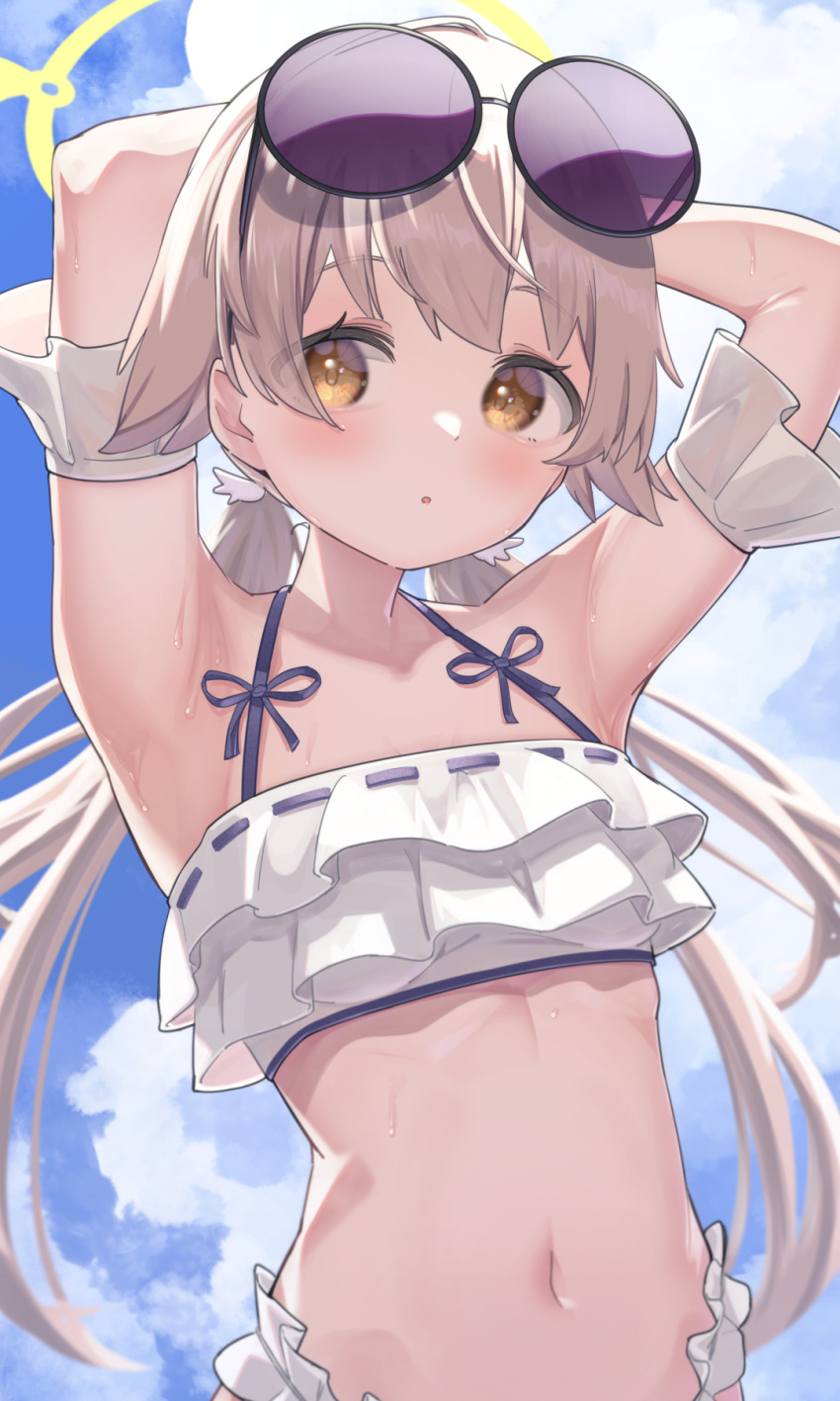 1girl :o armpits arms_up bikini blonde_hair blue_archive blue_sky blush clouds day eyewear_on_head flat_chest frilled_armband frilled_bikini frills halo hifumi_(blue_archive) hifumi_(swimsuit)_(blue_archive) highres long_hair looking_away namaonpa navel outdoors sky solo sunglasses sweatdrop swimsuit tinted_eyewear twintails upper_body very_long_hair yellow_eyes