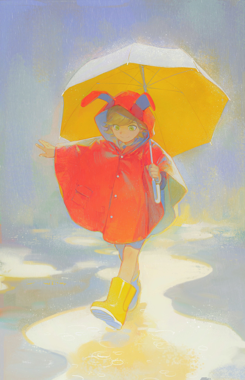 1boy absurdres age_regression animal_hood barnaby_brooks_jr. blonde_hair boots coat creamyghost green_eyes highres holding holding_umbrella hood long_sleeves looking_down outstretched_arm puddle rabbit_hood rain raincoat red_coat rubber_boots shirt shorts smile solo tiger_&amp;_bunny umbrella walking water white_shirt yellow_footwear yellow_umbrella younger