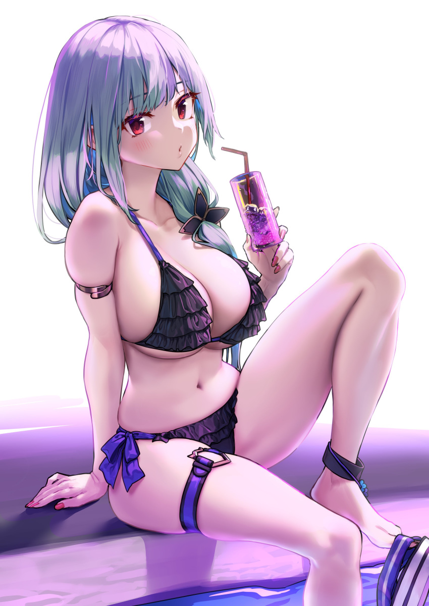 1girl absurdres baffu bangs barefoot bikini black_bikini blue_hair breasts commentary_request cup drinking_glass drinking_straw frilled_bikini frills highres holding holding_cup large_breasts leg_garter long_hair looking_at_viewer navel original red_eyes simple_background sitting solo swimsuit white_background
