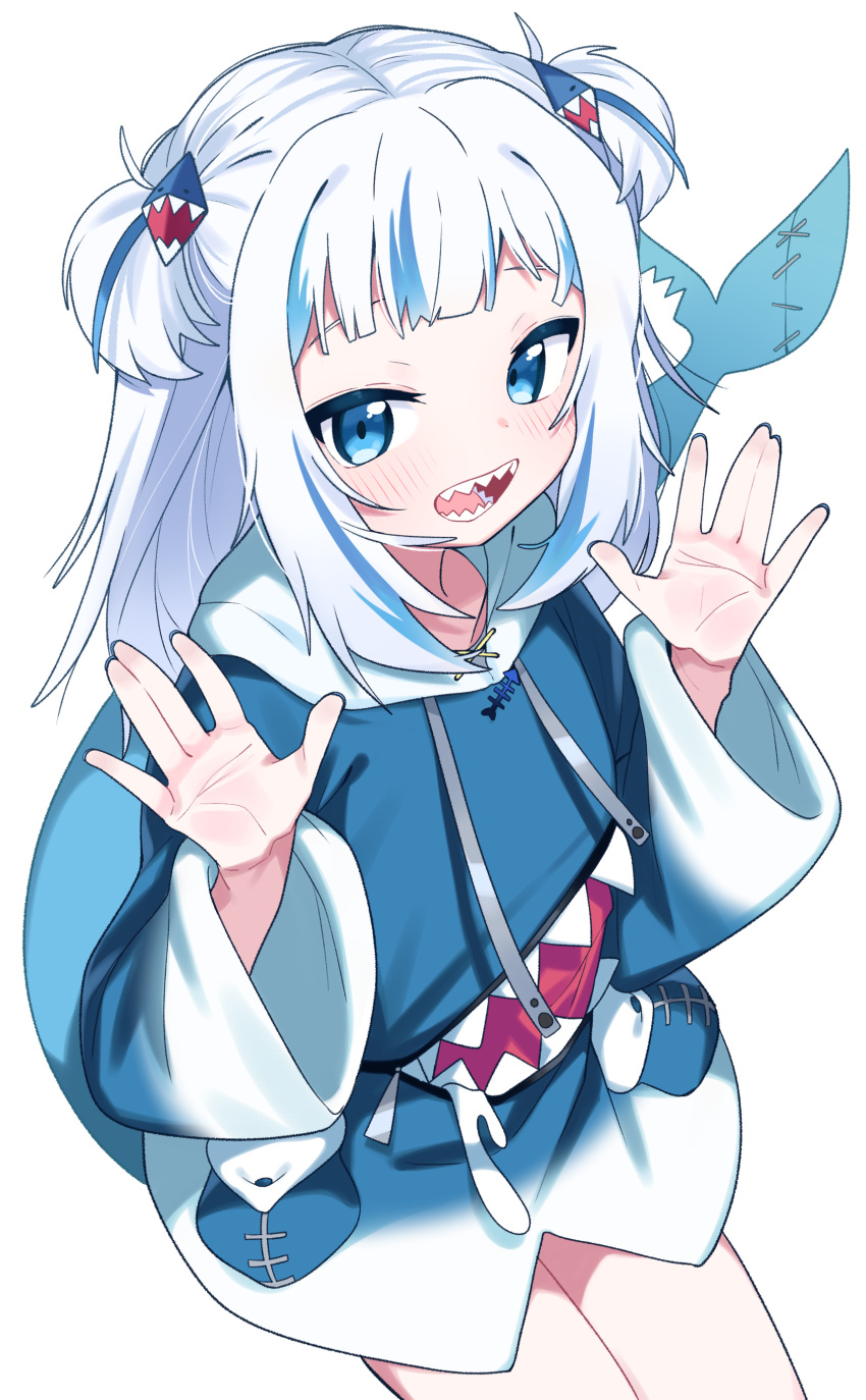 1girl :d absurdres blue_eyes blue_hair blue_hoodie commentary drawstring fish_tail gawr_gura hair_ornament hands_up highres hololive hololive_english hood hood_down hoodie long_hair long_sleeves multicolored_hair shark_tail sharp_teeth simple_background smile solo streaked_hair tail teeth tosyeo two_side_up virtual_youtuber white_background white_hair wide_sleeves
