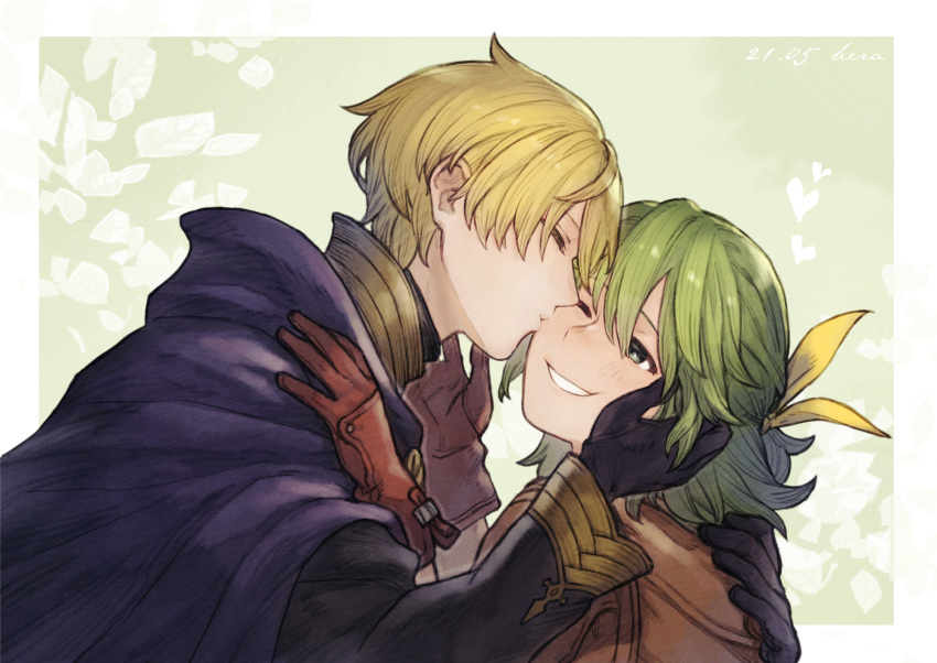 1boy 1girl artist_name bangs black_gloves blonde_hair brown_coat cape coat couple dated from_side gloves green_background green_hair hair_ribbon half-closed_eyes half_updo hand_on_another's_back hand_on_another's_cheek hand_on_another's_face hand_on_another's_head hand_on_another's_shoulder hands_up heart herayoshi hetero highres kiki_(herayoshi) kiss kissing_cheek leaf leaning_forward long_sleeves looking_at_another looking_away one_eye_closed original profile purple_cape red_gloves resu_(herayoshi) ribbon short_hair smile yellow_ribbon