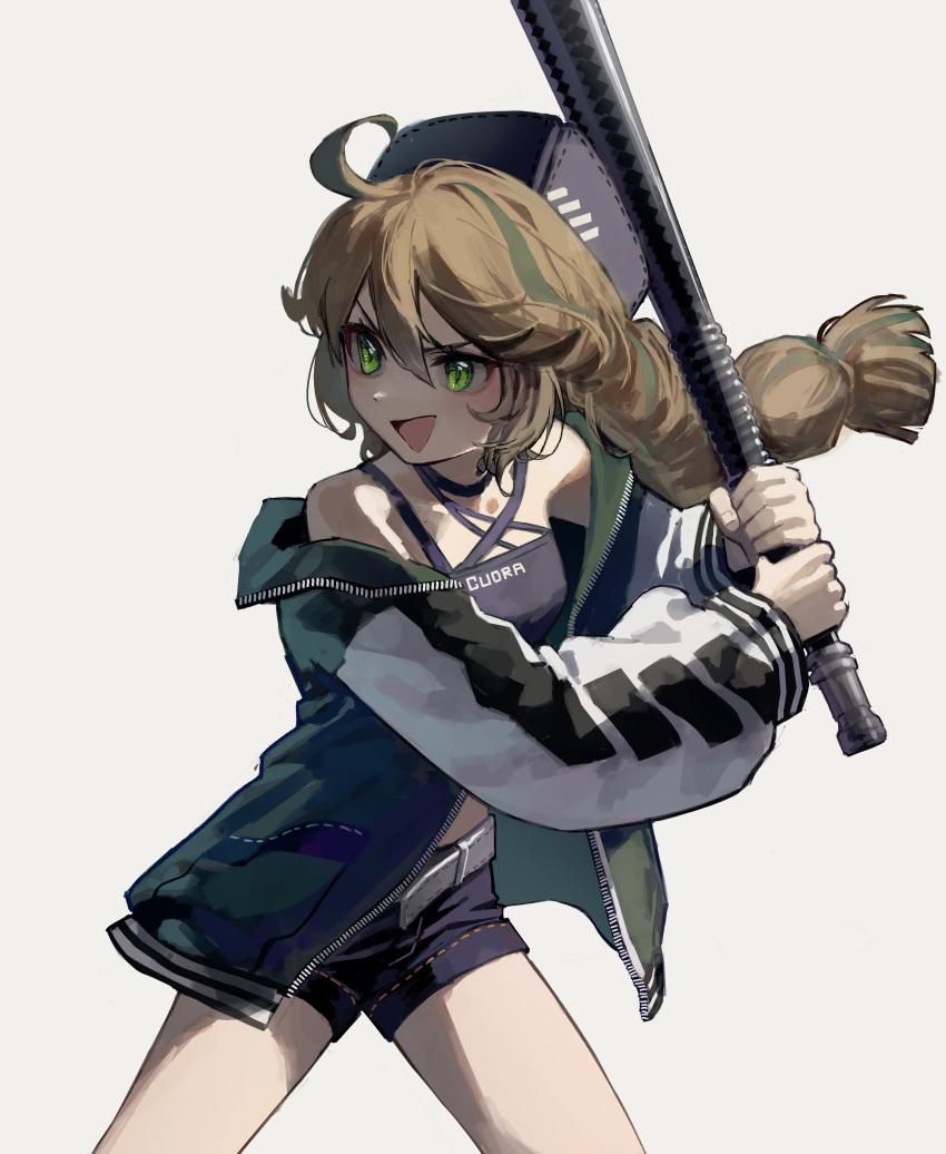 1girl absurdres ahoge arknights bare_shoulders baseball_bat belt black_headwear blue_shorts braid brown_hair commentary commentary_request cuora_(arknights) green_eyes green_jacket grey_background hat highres holding holding_baseball_bat jacket long_hair long_sleeves off_shoulder open_mouth short_shorts shorts simple_background smile solo twin_braids yoon_cook