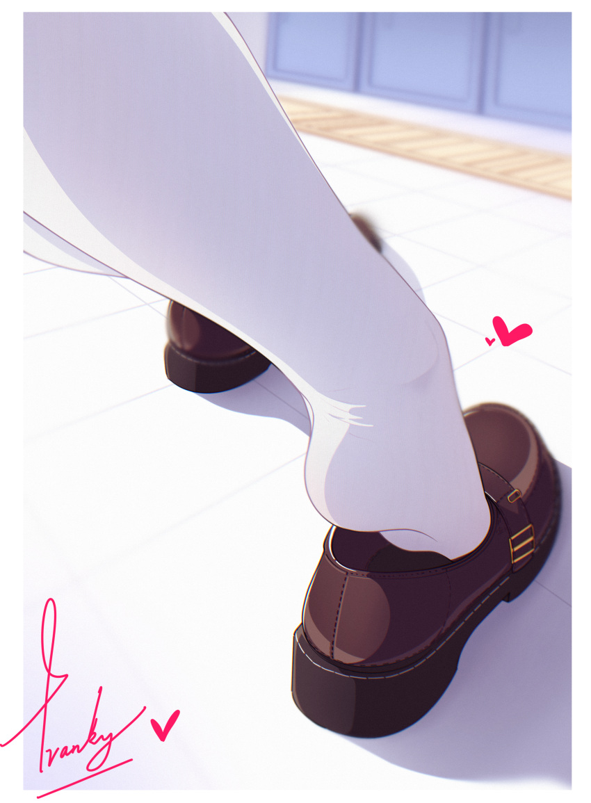 1other absurdres ambiguous_gender belt belt_buckle blurry blurry_background border brown_footwear buckle cabinet commentary_request feet feet_only foot_focus heart highres indoors original pantyhose putting_on_shoes shadow shoe_belt shoes signature single_shoe socks soles solo tile_floor tiles white_border white_legwear wooden_floor yao_(pixiv9482697)