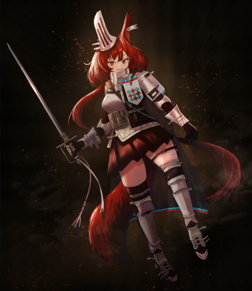 1girl :&gt; absurdres animal_ears arknights armor armored_boots black_background black_gloves black_skirt boots breastplate cranes_(hiroro1) ear_covers ear_tag flametail_(arknights) full_body gloves highres holding holding_sword holding_weapon long_hair looking_at_viewer pleated_skirt red_eyes redhead skirt solo squirrel_ears squirrel_girl squirrel_tail sword tail thigh-highs thigh_strap v-shaped_eyebrows weapon