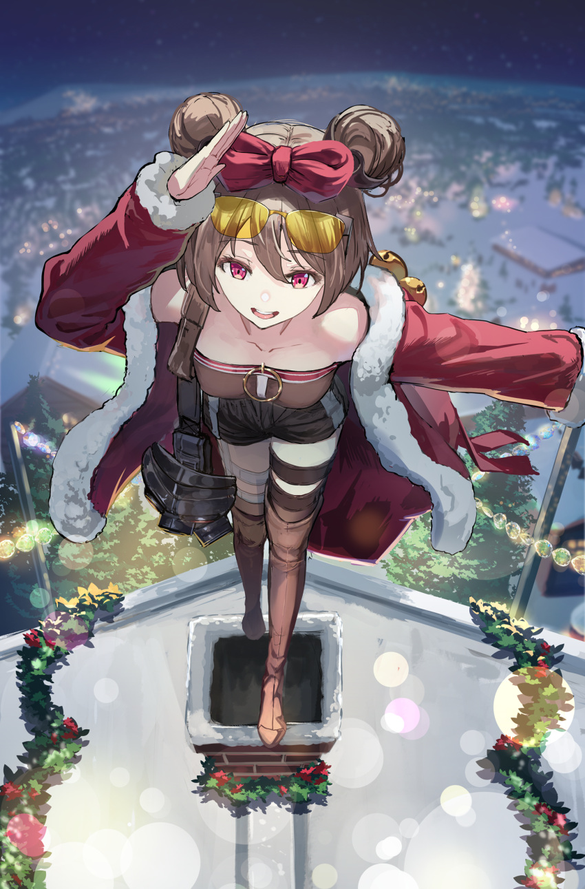 1girl bangs boots bow breasts chimney choker christmas collarbone commentary_request double_bun eyewear_on_head full_body girls_frontline gloves hair_bow hair_ornament highres light_brown_hair looking_at_viewer medium_breasts night official_alternate_costume open_mouth p90_(girls'_frontline) p90_(scarlet_turbo)_(girls'_frontline) red_bow red_eyes rooftop short_hair shorts smile solo sunglasses thigh-highs vikpie