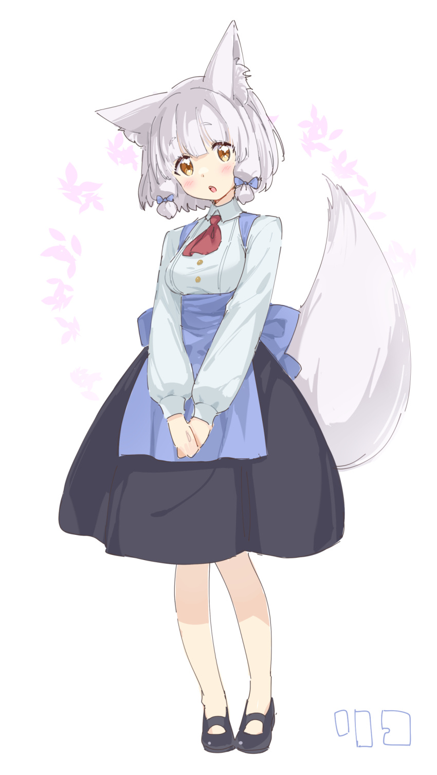 1girl animal_ear_fluff animal_ears apron ascot bangs black_footwear black_skirt blue_apron blue_bow blush bow breasts brown_eyes collared_shirt commentary eyebrows_visible_through_hair fox_ears fox_girl fox_tail full_body grey_hair hair_bow head_tilt highres jigatei_(omijin) looking_at_viewer machikado_mazoku medium_breasts red_ascot riko_(machikado_mazoku) shirt shoes sidelocks simple_background skirt solo standing symbol-only_commentary tail white_background white_shirt