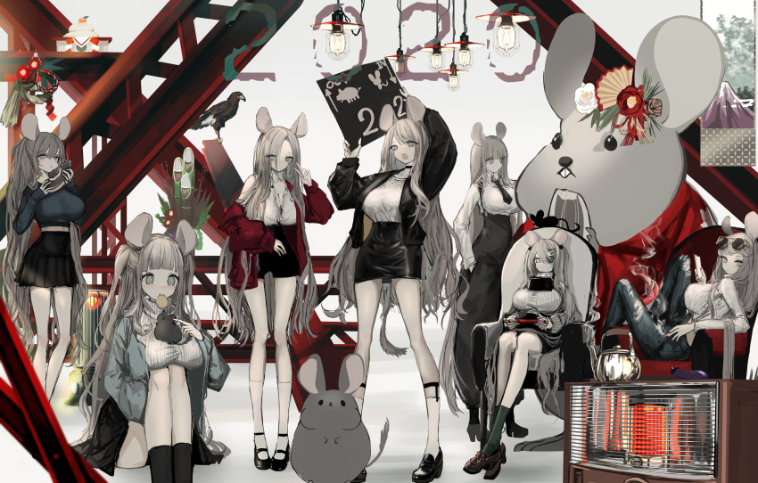 6+girls animal_ears armchair bird black_jacket black_necktie black_shorts black_skirt breasts chair chinese_zodiac cigarette denim eagle eating eyepatch eyewear_on_head grey_eyes grey_hair highres holding holding_cigarette holding_sign jacket jeans large_breasts light_bulb long_hair long_sleeves looking_at_viewer miniskirt mouse mouse_ears multiple_girls narue necktie open_clothes open_jacket open_mouth original pants pleated_skirt red_jacket shirt short_shorts shorts sign sitting sitting_sideways skirt smoke smoking stove sunglasses suspenders torn_clothes torn_pants very_long_hair white_shirt year_of_the_rat
