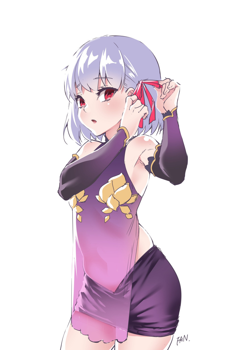 1girl absurdres artist_name bangs bare_shoulders blush bow covered_navel cowboy_shot detached_sleeves dress eyebrows_visible_through_hair f.w.zholic fate/grand_order fate_(series) hair_bow highres kama_(fate) light_purple_hair looking_at_viewer medium_hair open_mouth purple_skirt purple_sleeves red_eyes simple_background skirt solo white_background