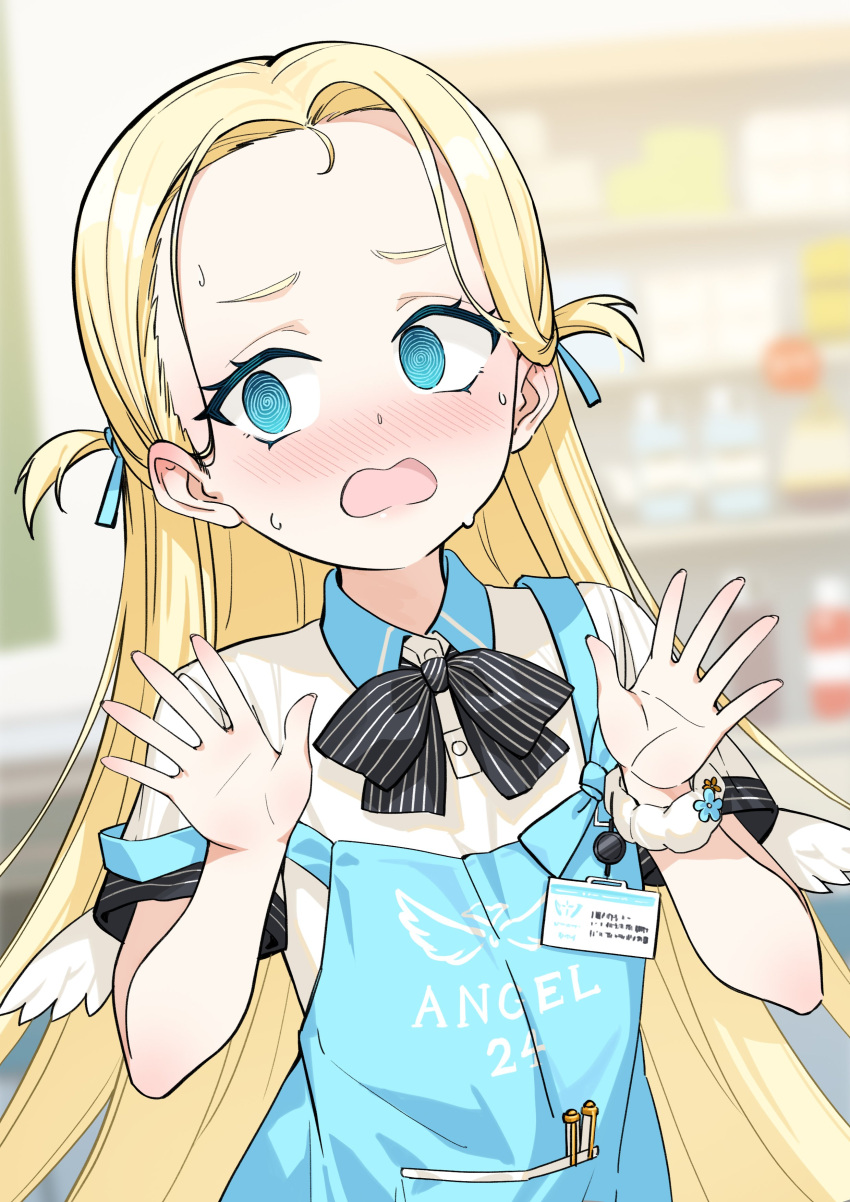 1girl @_@ absurdres angel_wings apron black_bow black_bowtie blonde_hair blue_apron blue_archive blue_eyes blush bow bowtie collared_shirt forehead highres id_card long_hair looking_away mini_wings scrunchie shirt short_sleeves solo sora_(blue_archive) sweat wings wrist_scrunchie zhanzheng_zi