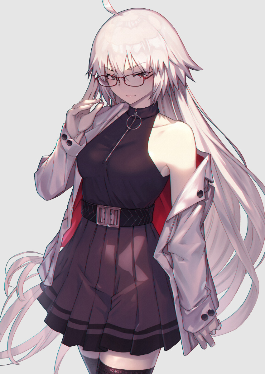 1girl absurdres ahoge bangs belt black_dress black_legwear breasts dress fate/grand_order fate_(series) glasses grey_hair highres jacket jeanne_d'arc_alter_(fate) large_breasts long_hair long_sleeves looking_at_viewer nakanishi_tatsuya off_shoulder open_clothes open_jacket smile solo thigh-highs thighs very_long_hair white_jacket yellow_eyes zipper