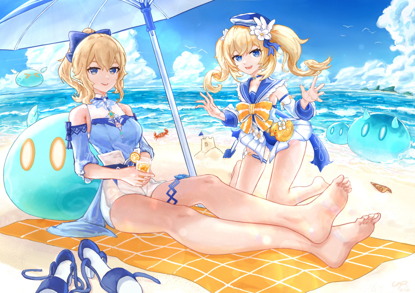 2girls :d absurdres bangs barbara_(genshin_impact) bare_legs bare_shoulders barefoot beach_towel beach_umbrella blonde_hair blue_bow blue_choker blue_eyes blue_footwear blue_sailor_collar blue_sky bow breasts choker clouds crab day detached_sleeves flower genshin_impact hair_between_eyes hair_bow hair_flower hair_ornament hat highres jean_(genshin_impact) kneeling long_hair looking_at_viewer medium_breasts medium_hair multiple_girls ocean outdoors ponytail sailor_collar sand_castle sand_sculpture sandals sandals_removed short_shorts shorts siblings sisters sitting sky smile thighs towel twintails uep umbrella water white_flower white_shorts yellow_bow