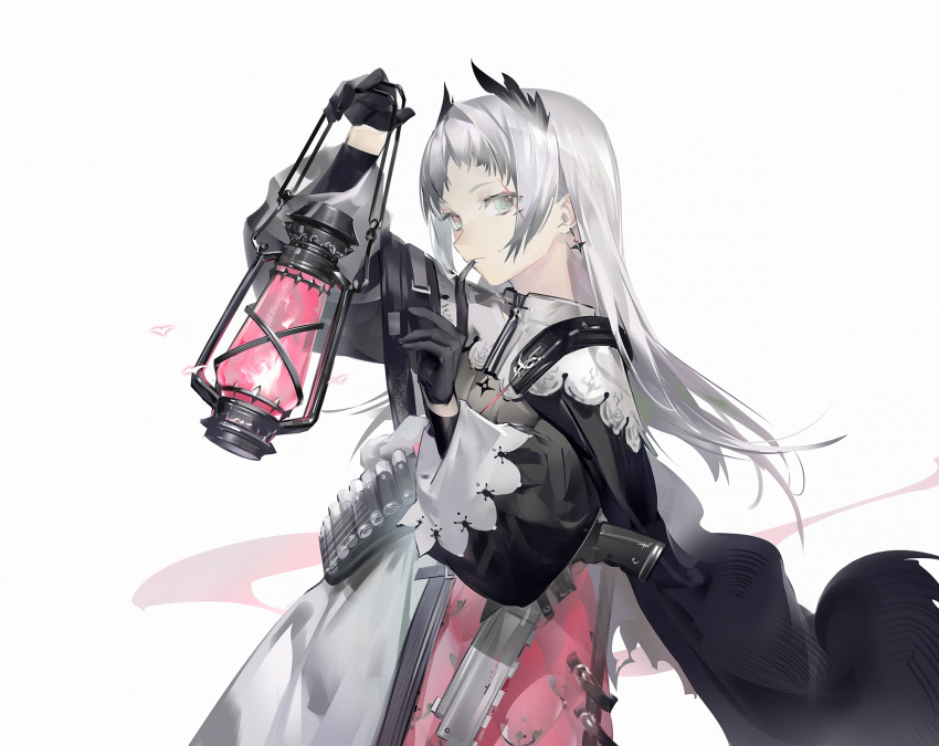 1girl arknights belt black_cape black_gloves black_jacket cape earrings finger_to_mouth from_side gloves grey_eyes grey_hair gun head_wings highres holding holding_lantern index_finger_raised irene_(arknights) jacket jewelry lantern layered_skirt long_hair long_sleeves looking_at_viewer looking_to_the_side parted_lips puffy_long_sleeves puffy_sleeves purple_skirt shushing simple_background skirt smile solo weapon white_background white_skirt yyb