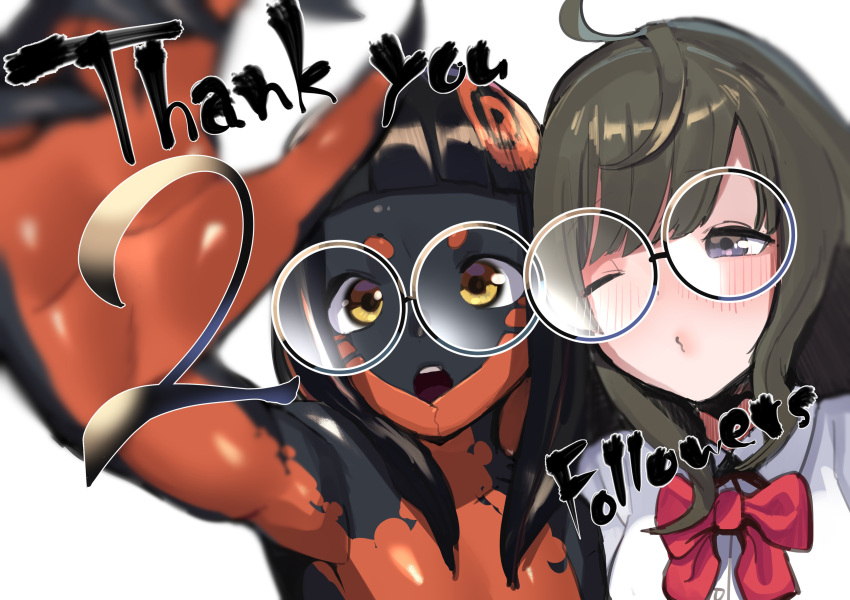 2girls absurdres bangs black_hair black_skin blunt_bangs blush bow bowtie brown_eyes brown_hair closed_mouth colored_skin commentary_request highres iro-chan koiso_usu long_hair looking_at_viewer milestone_celebration monster_girl multicolored_skin multiple_girls o3o one_eye_closed open_mouth orange_skin original red_bow red_bowtie shirt simple_background two-tone_skin upper_body violet_eyes white_background white_shirt