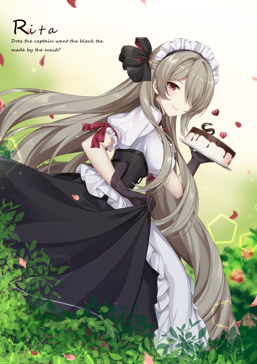 1girl absurdres apron bangs black_dress black_gloves brown_hair cake cen_(cenll) closed_mouth dress food frilled_apron frills gloves grass hair_over_one_eye highres holding holding_plate honkai_(series) honkai_impact_3rd looking_at_viewer maid maid_apron maid_headdress outdoors petals plate purple_hair rita_rossweisse short_sleeves smile solo violet_eyes