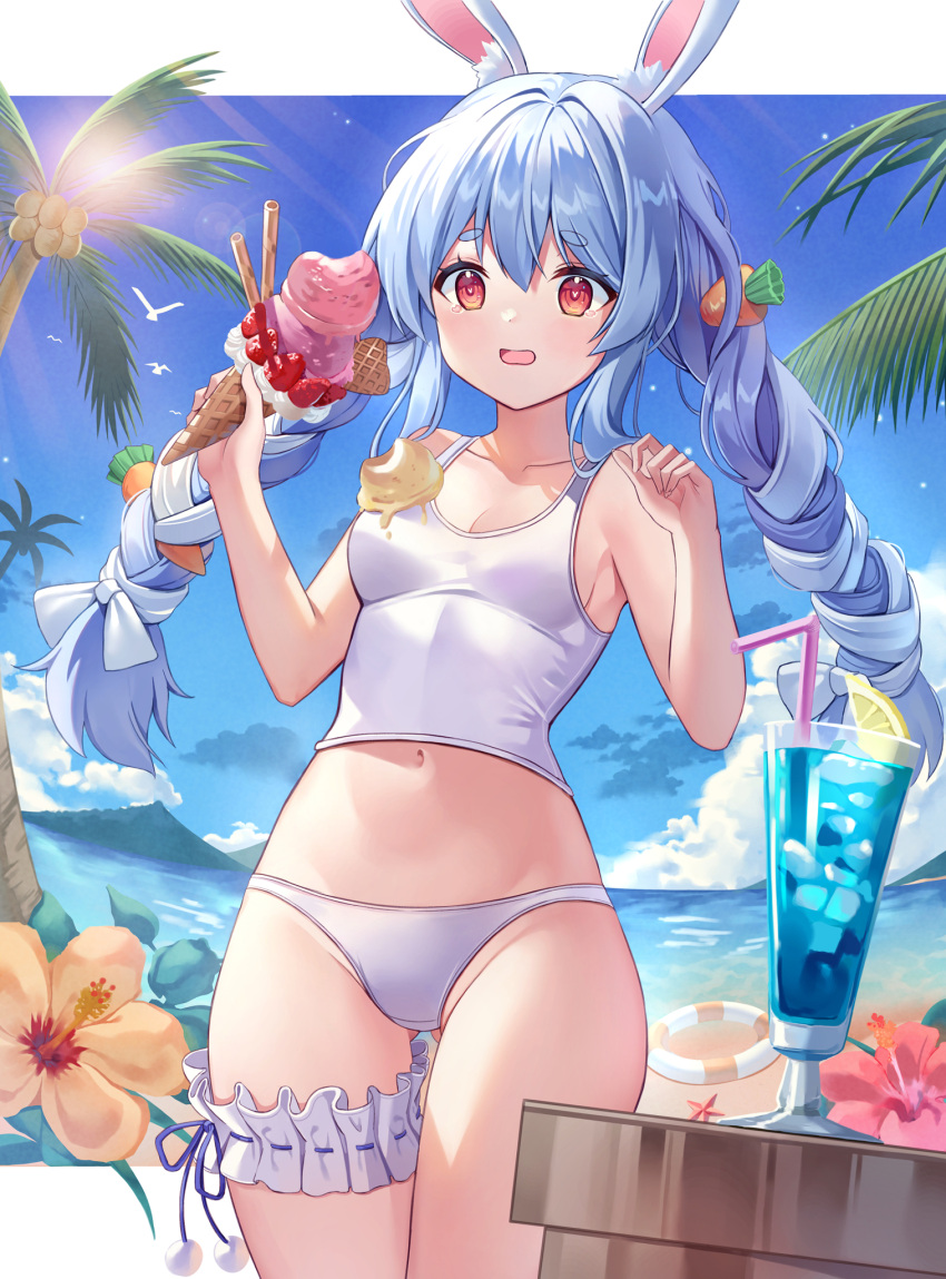 1girl animal_ears bikini bikini_bottom_only blue_hair blue_sky braid breasts carrot_hair_ornament crop_top day food food-themed_hair_ornament greenapple hair_ornament highres holding holding_food hololive ice_cream ice_cream_cone leg_garter long_hair medium_breasts midriff navel outdoors palm_tree rabbit_ears red_eyes shirt sky solo swimsuit tree twin_braids twintails usada_pekora very_long_hair virtual_youtuber white_bikini white_shirt