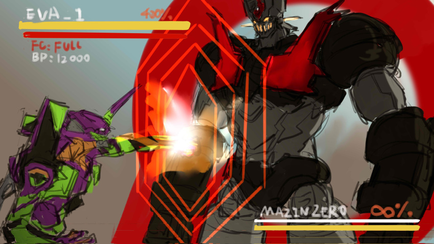 absurdres at_field clenched_hands crossover english_commentary eva_01 glowing glowing_eyes health_bar highres horns jianchuan mazinger_(series) mazinger_zero_(mecha) mecha meme metal_gear_(series) metal_gear_rising:_revengeance neon_genesis_evangelion no_humans orange_eyes punching raiden_punching_armstrong_(meme) rebuild_of_evangelion science_fiction shin_mazinger_zero single_horn sketch super_robot white_eyes