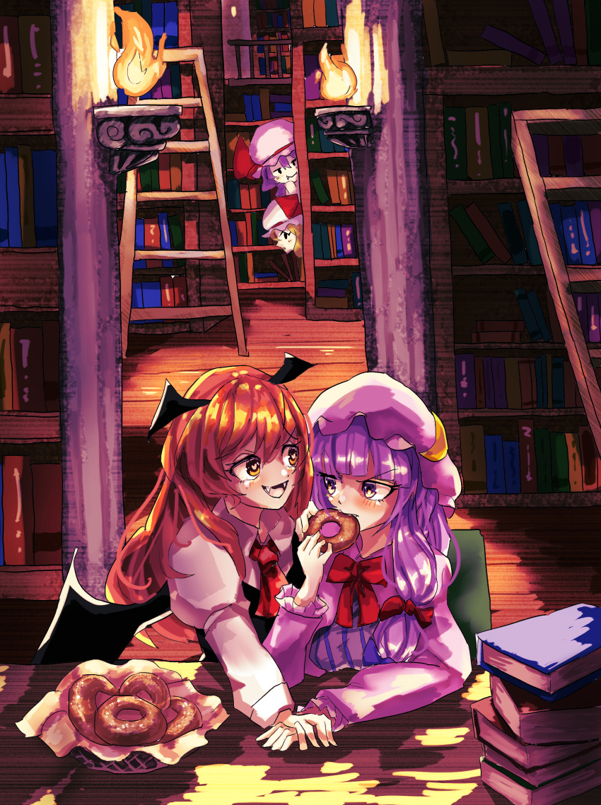 4girls :d absurdres annoyed bagel bangs bat_wings blunt_bangs book book_stack bookshelf chair crescent dos5 doughnut eating eye_contact fangs fire flandre_scarlet food hat head_wings heart heart-shaped_pupils highres holding indoors koakuma library light long_hair long_sleeves looking_at_another multiple_girls open_mouth patchouli_knowledge peeking_out profile purple_hair redhead remilia_scarlet sitting smile symbol-shaped_pupils table touhou v-shaped_eyebrows vest violet_eyes voile wings yuri