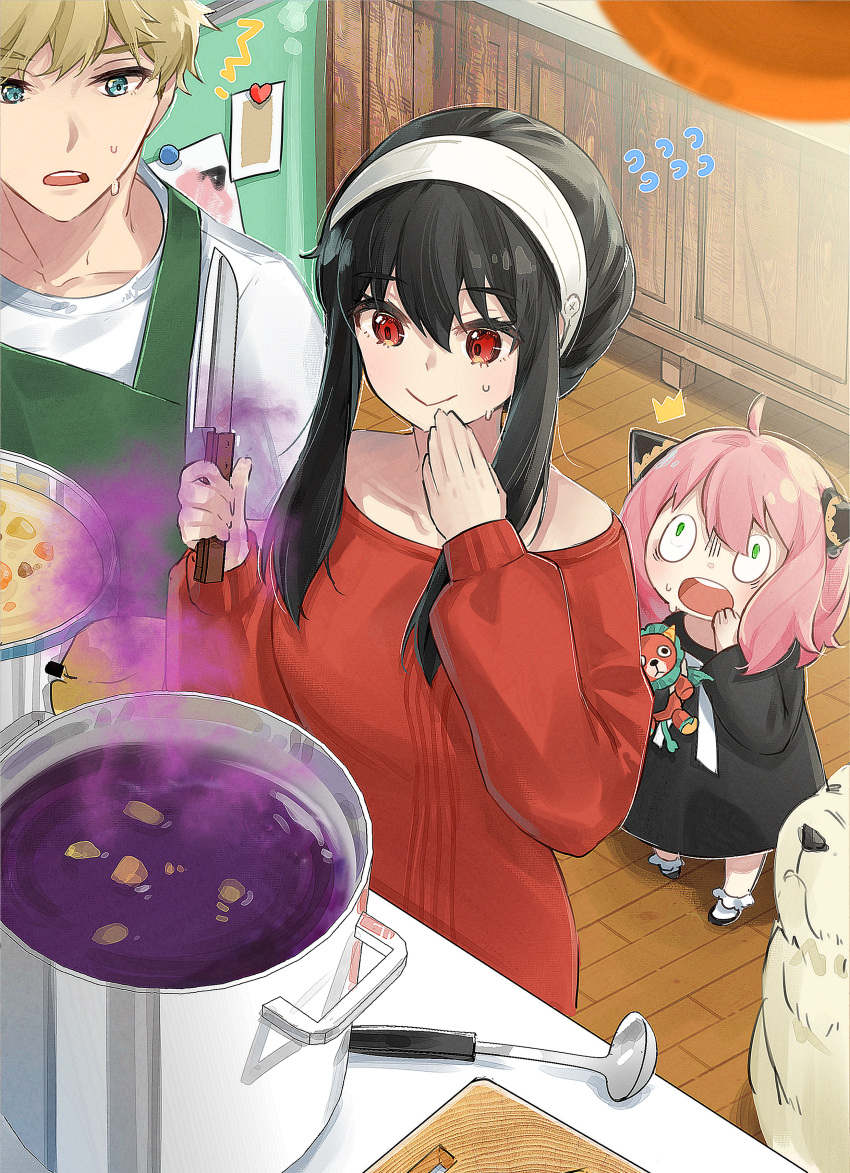 1boy 2girls :&gt; absurdres ahoge anya_(spy_x_family) apron bad_food black_hair blonde_hair blue_eyes child cookie dog double_bun food green_eyes highres holding holding_knife indoors kitchen knife ladle long_sleeves multiple_girls nervous_smile open_mouth photo_(object) pink_hair poison pot red_eyes red_sweater refrigerator shidare_(youh4016) smile smoke spy_x_family stuffed_animal stuffed_toy sweatdrop sweater twilight_(spy_x_family) wide-eyed yor_briar