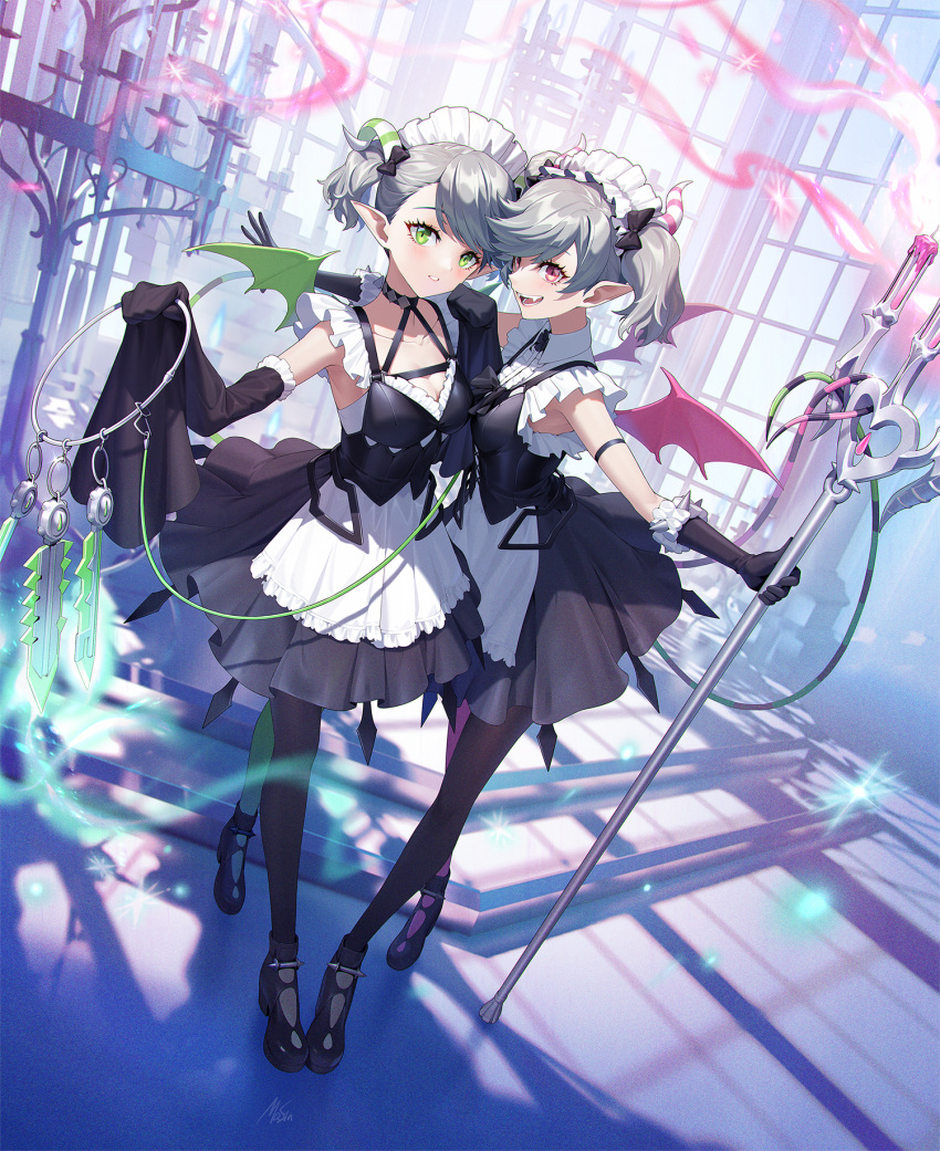 apron back_cutout black_stripes clothing_cutout duel_monster frilled_apron frilled_legwear frills green_tail highres labrynth_servant_arianna labrynth_servant_arianne maid maid_apron maid_headdress masin0201 pink_tail skirt striped_tail tail waist_apron white_apron yu-gi-oh!