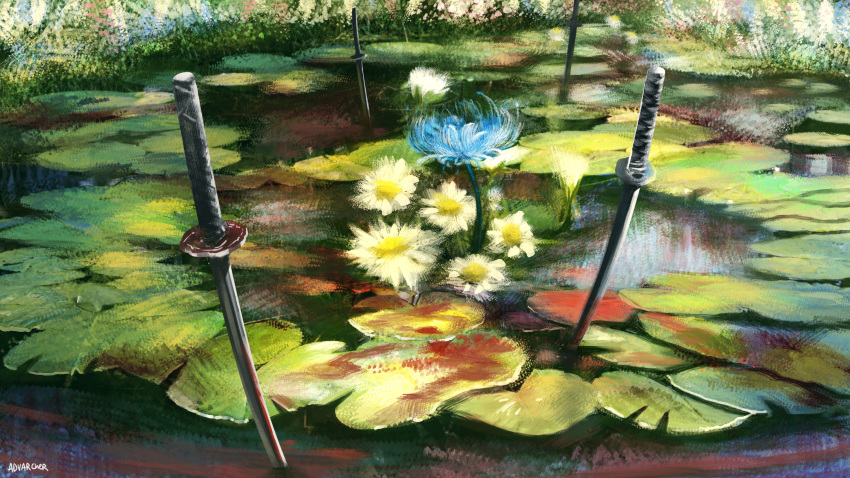 absurdres anonamos highres kimetsu_no_yaiba lily_pad multiple_swords no_humans painterly scenery sword water_lily_flower weapon