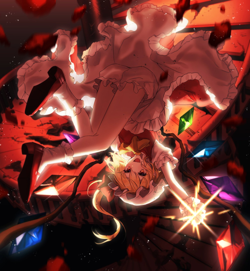 1girl ap5ry ascot blonde_hair bloomers bow crystal energy flandre_scarlet frills full_body full_moon hat hat_ribbon highres looking_at_viewer mob_cap moon motion_blur night open_mouth petticoat puffy_short_sleeves puffy_sleeves red_bow red_eyes red_ribbon red_skirt red_vest ribbon shirt shoes short_sleeves skirt skirt_set socks solo touhou underwear upside-down vest white_bloomers white_legwear wings