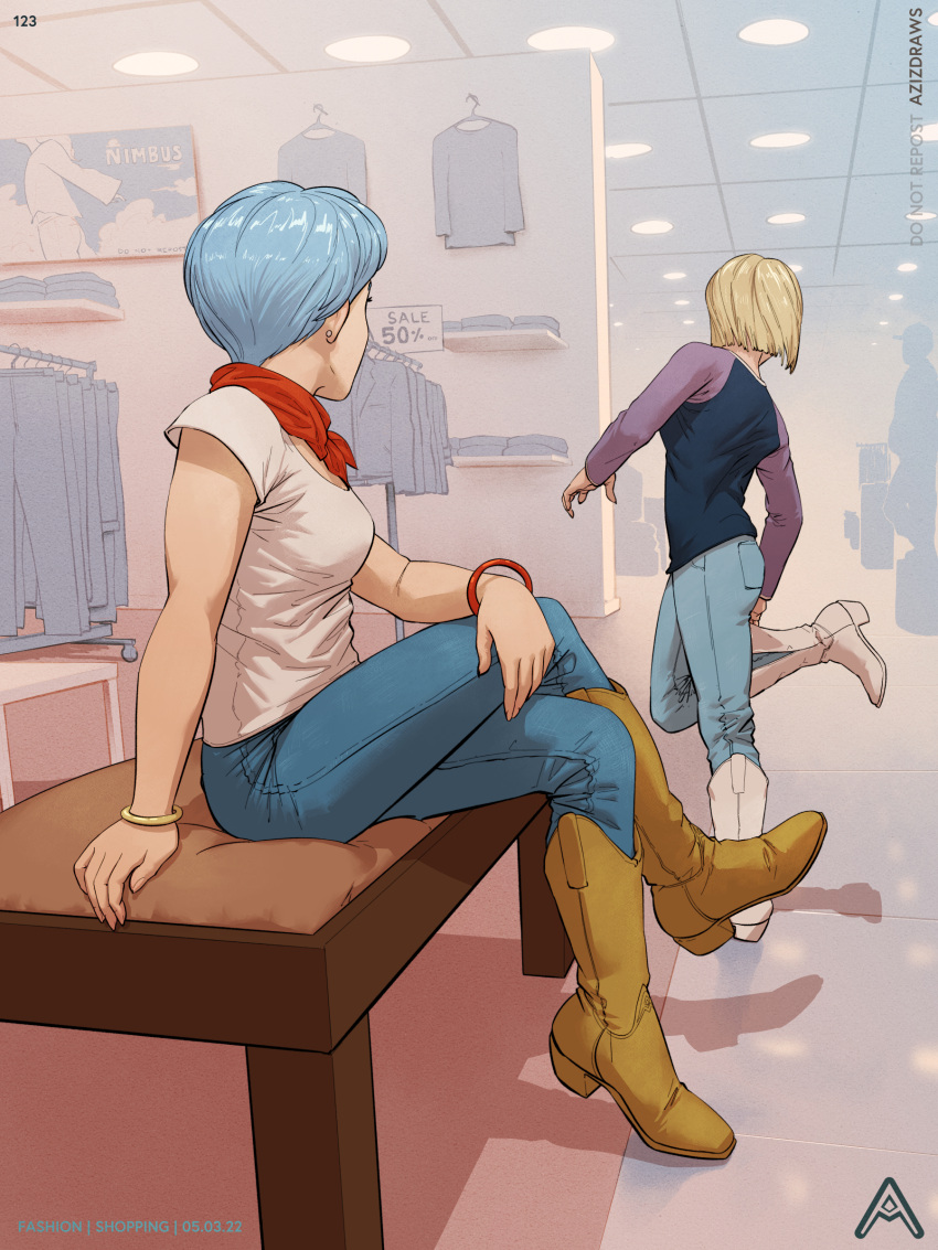 2girls absurdres adjusting_footwear android_18 azizdraws blonde_hair blue_hair boots bracelet brown_footwear bulma clothes_shop dragon_ball dragon_ball_super ear_piercing highres jewelry looking_at_another multiple_girls piercing red_scarf scarf short_hair sitting white_footwear