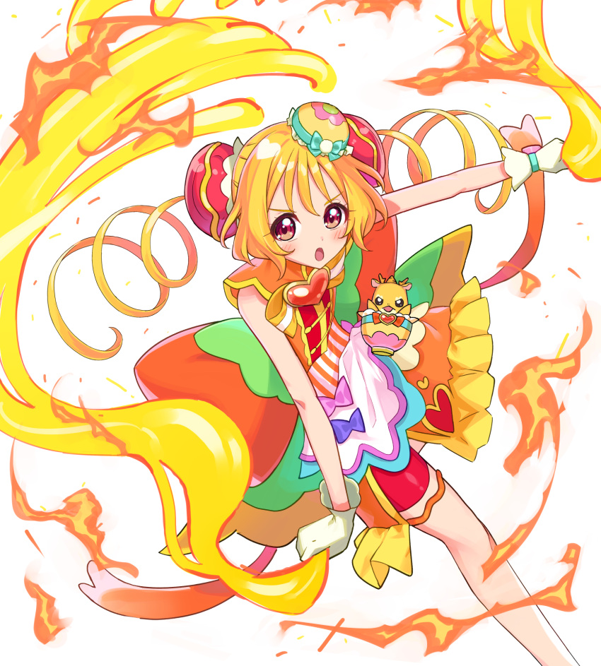 1girl :o apron back_bow bike_shorts bow brooch bun_cover creature cure_yum-yum delicious_party_precure drill_hair fire gloves green_bow hanamichi_ran hat hat_bow heart_brooch highres huge_bow ishidai_(ishidai4682) jewelry long_hair looking_at_viewer magical_girl mem-mem_(precure) mini_hat open_mouth orange_bow precure red_eyes red_shorts serious shorts shorts_under_skirt striped striped_bow twin_drills white_background white_gloves