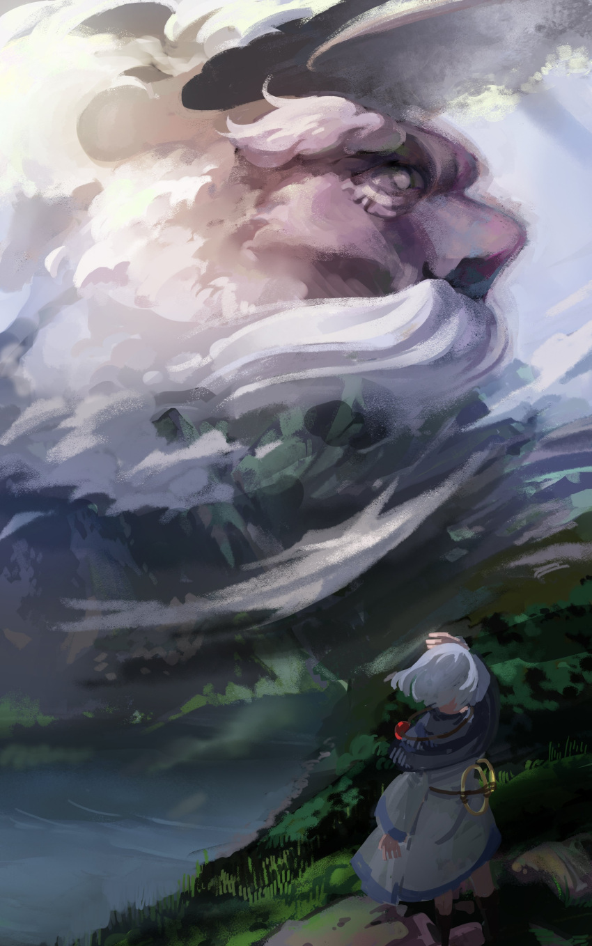 1girl absurdres blue_dress blue_hair blue_hood cliff clouds cloudy_sky commentary dark_clouds day dress erty113 facing_away from_behind grass hand_up highres hood hoop jewelry kumoi_ichirin light_rays long_sleeves outdoors pendant scenery short_hair sky solo touhou unzan water wide_shot
