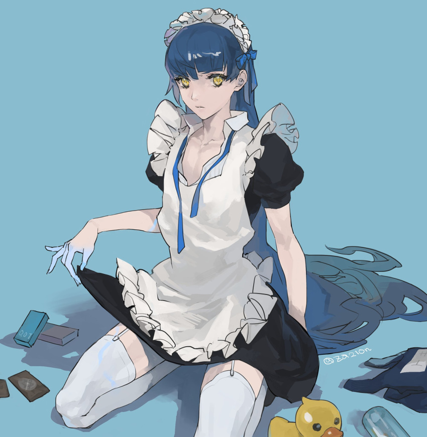 1boy alternate_costume apron asymmetrical_hair bangs black_dress blue_background clothes_lift collarbone commentary_request crossdressing dress dress_lift enmaided eyelashes frilled_apron frills full_body garter_straps highres kneeling lifted_by_self long_hair looking_at_viewer maid maid_apron maid_headdress male_focus one-piece_swimsuit partially_unbuttoned protagonist_(smtv) puffy_short_sleeves puffy_sleeves rubber_duck shin_megami_tensei shin_megami_tensei_v shiny shiny_hair short_sleeves single_sidelock solo swimsuit thigh-highs twitter_username very_long_hair white_legwear yellow_eyes za210n