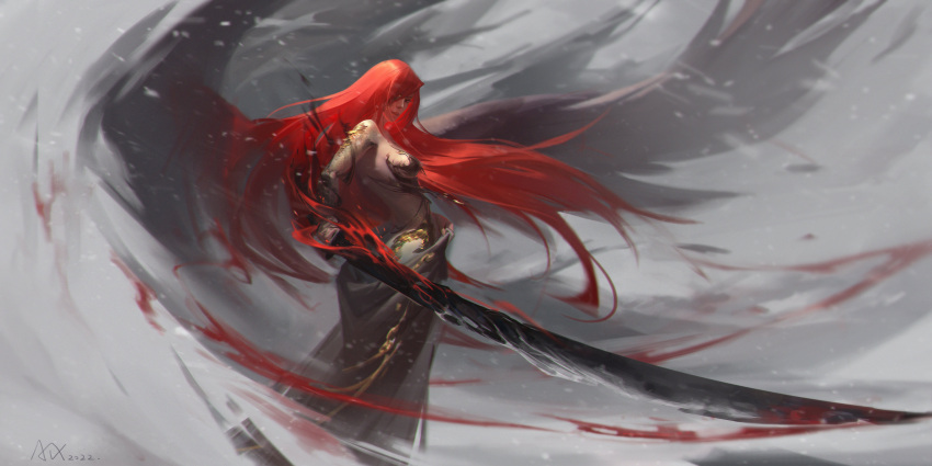 1girl absurdres aix-wxy alternate_costume ass back bad_link breasts covered_eyes elden_ring highres holding holding_sword holding_weapon long_hair looking_at_viewer malenia_blade_of_miquella redhead simple_background smile solo sword very_long_hair weapon wings
