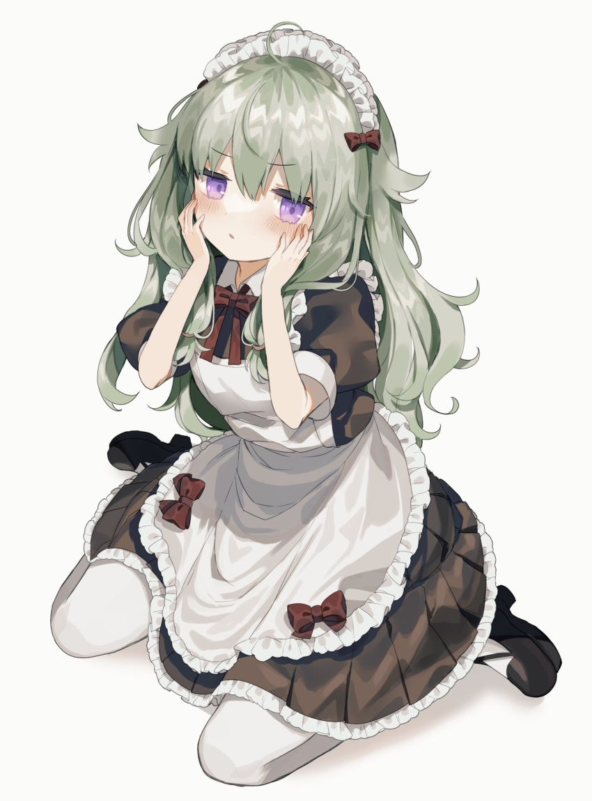 1girl alternate_costume apron black_dress black_footwear blush bow commentary dress dress_bow enmaided frilled_apron frilled_dress frills fuinagi_(huyuu_mm) green_hair hair_bow hands_on_own_face highres kusanagi_nene long_hair looking_at_viewer maid maid_headdress mary_janes pantyhose project_sekai puffy_short_sleeves puffy_sleeves red_bow shoes short_sleeves sitting solo v-shaped_eyebrows very_long_hair violet_eyes wariza white_apron white_legwear