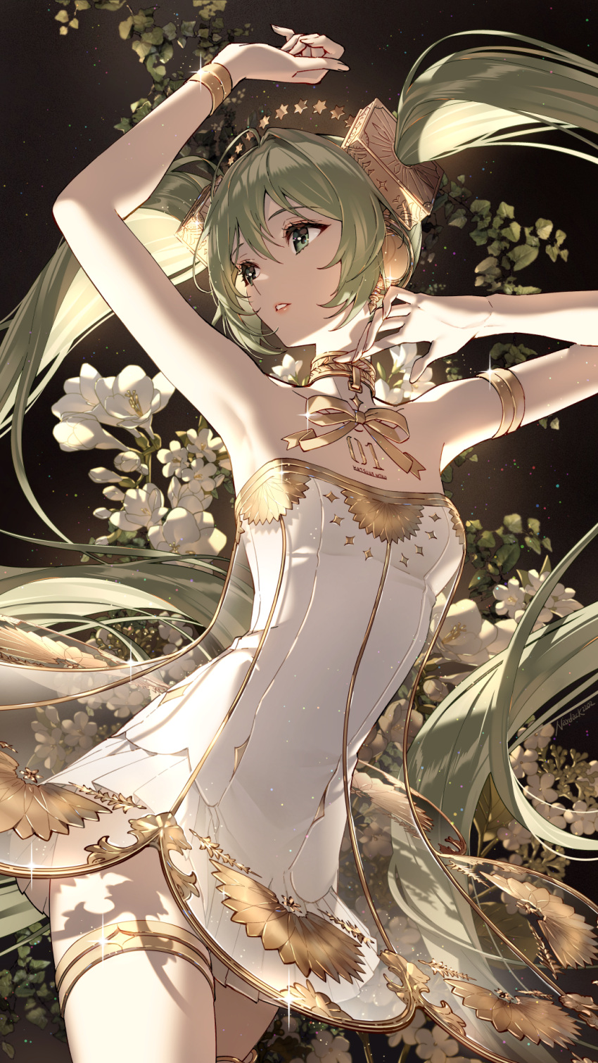 1girl armpits arms_up bangs black_background bracelet chest_tattoo commentary cowboy_shot detached_collar dress eyebrows_visible_through_hair flower glint gold gold_trim green_eyes green_hair hatsune_miku highres jewelry lips long_hair looking_to_the_side miku_symphony_(vocaloid) nardack parted_lips ribbon see-through_dress solo sparkle strapless strapless_dress tattoo thighlet tutu twintails very_long_hair vocaloid white_dress white_flower