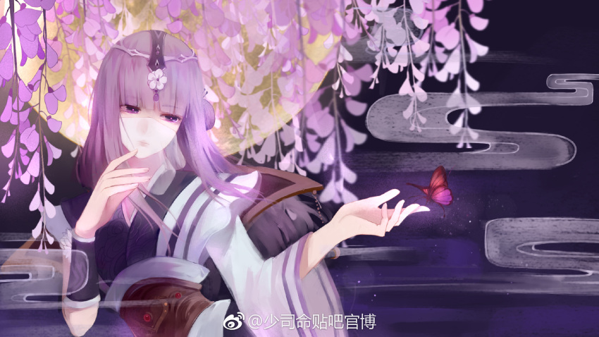 1girl asymmetrical_sleeves bug butterfly expressionless flower hair_ornament hairpin highres long_hair moon purple_hair qin_shi_ming_yue shao_siming_(qin_shi_ming_yue) shao_siming_guang_wei solo upper_body veil wisteria