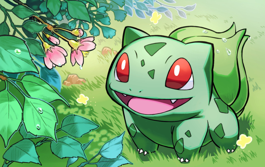 :d bright_pupils bulbasaur claws day fangs flower grass leaf looking_up no_humans open_mouth outdoors pink_flower pokemon pokemon_(creature) red_eyes smile solo standing tongue water_drop white_pupils