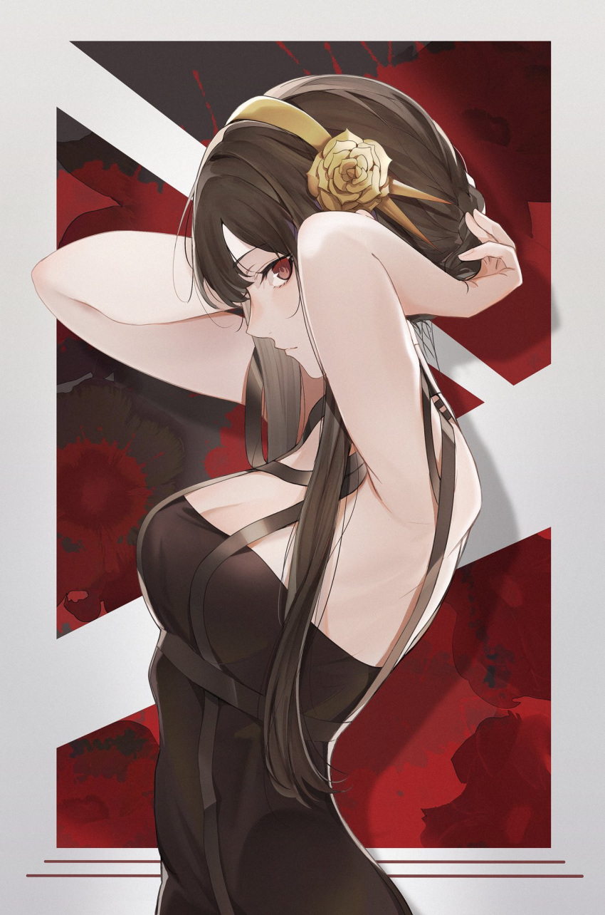 1girl arms_up black_dress black_hair border braid braided_bun breasts closed_mouth dress flower from_side gold_hairband hair_flower hair_ornament highres large_breasts long_hair looking_at_viewer looking_to_the_side marumoru profile red_eyes rose sidelocks solo spikes spy_x_family taut_clothes taut_dress upper_body white_border yor_briar