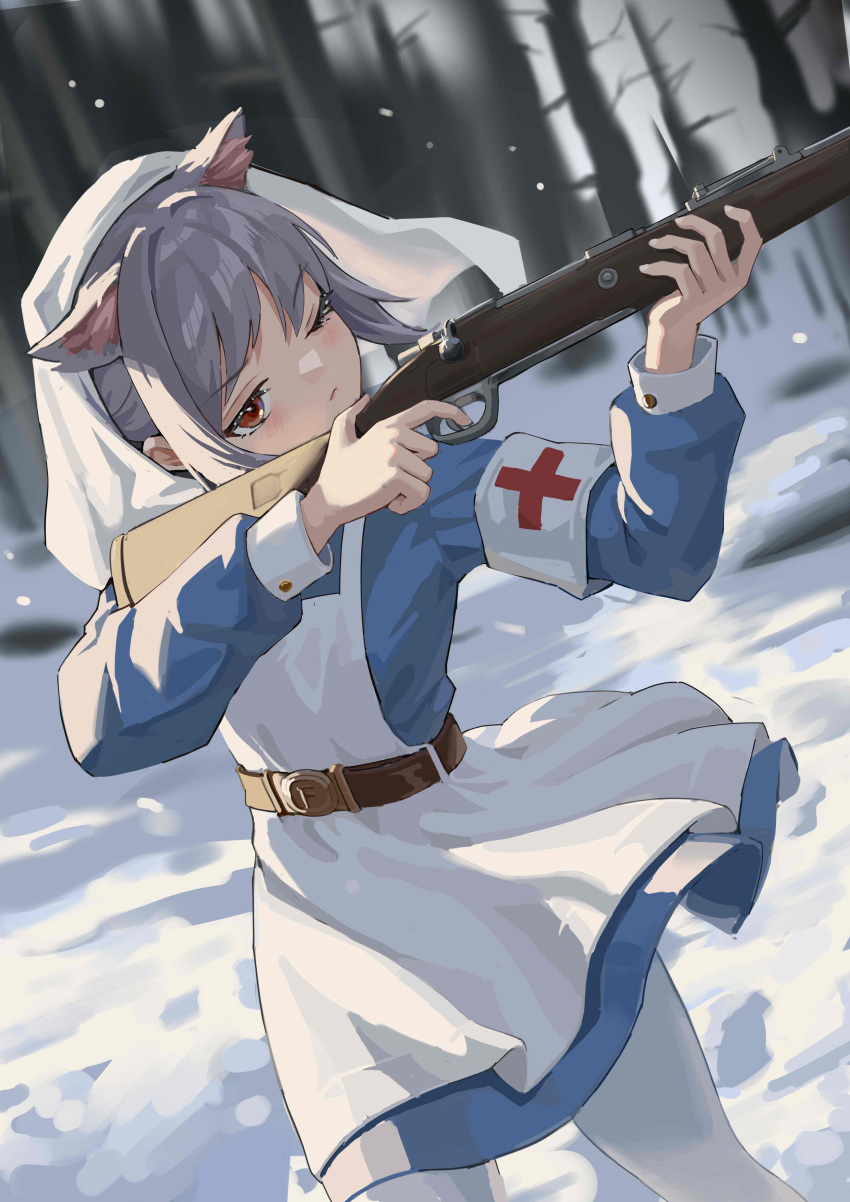 1girl absurdres aiming animal_ears apron armband belt blue_dress closed_mouth cross day dress dutch_angle eyebrows_visible_through_hair fkey_(style) grey_hair gun highres holding holding_gun holding_weapon long_sleeves one_eye_closed original outdoors pantyhose qianqiu_wanxia red_cross red_eyes short_hair sidelocks snow solo standing sunlight v-shaped_eyebrows veil weapon weapon_request white_apron white_legwear