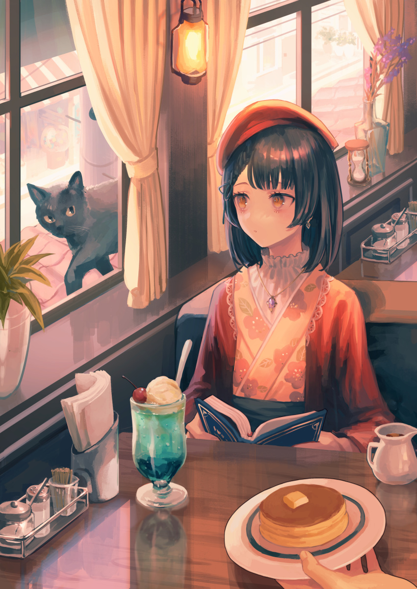 1girl :o absurdres bangs black_cat black_hair blunt_bangs book booth_seating braid braided_bangs cardigan cat collar drink earrings food frilled_collar frills hair_ribbon hat highres holding holding_book ice_cream ice_cream_float indoors japanese_clothes jewelry kimono lace-trimmed_kimono lace_trim lantern long_sleeves looking_at_animal looking_to_the_side medium_hair necklace nomuraumu original pancake restaurant ribbon solo window yellow_eyes