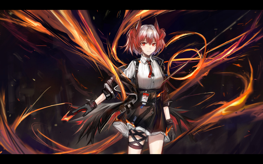 1girl absurdres animal_ears arknights bird_ears black_background black_gloves black_jacket black_skirt collared_shirt fiammetta_(arknights) fire gloves hair_between_eyes highres id_card jacket letterboxed looking_at_viewer necktie off_shoulder open_clothes open_jacket red_eyes red_necktie redhead shirt short_hair shuimo skirt solo white_shirt