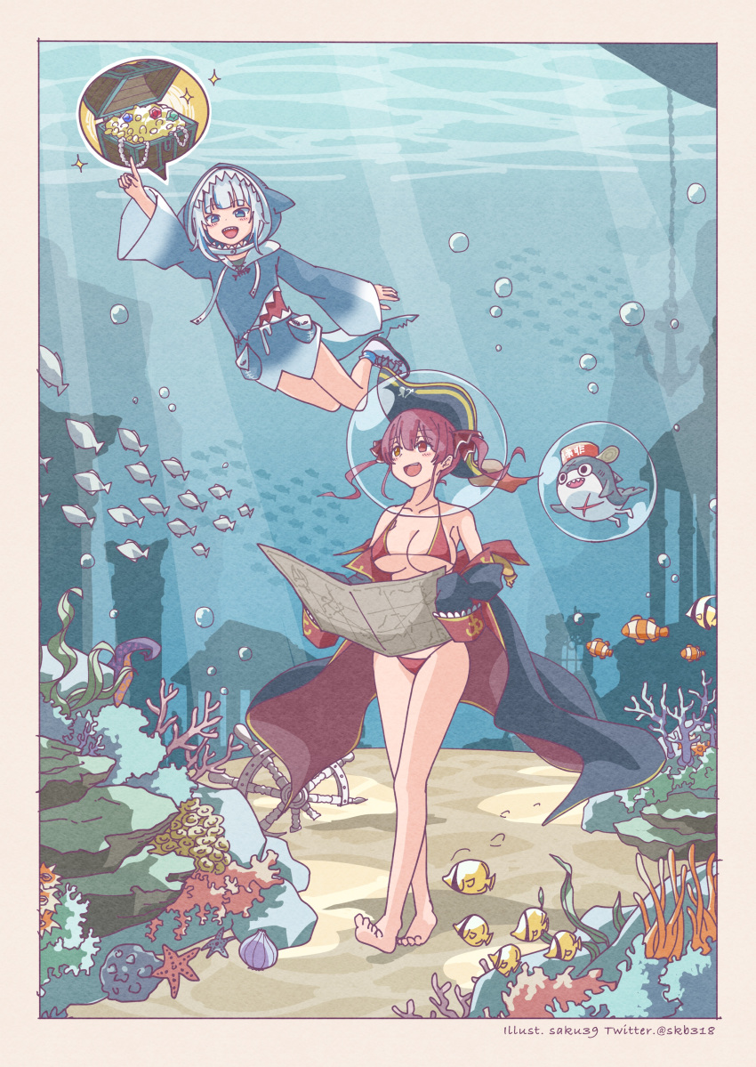 2girls :d absurdres anchor animal_hood arm_up artist_name barefoot bikini bloop_(gawr_gura) blue_eyes blue_hair blush border breasts bubble chain clam clownfish coral_reef fish fish_tail floating_hair full_body gawr_gura gem gold_coin hat heterochromia highres holding holding_map hololive hololive_english hood houshou_marine index_finger_raised jacket large_breasts long_hair looking_at_another looking_at_viewer looking_up map medium_hair multicolored_hair multiple_girls off_shoulder onesie open_mouth pirate_hat pointing red_bikini red_eyes redhead saku39_(skb318) school_of_fish seaweed shark_hood shark_tail sharp_teeth ship's_wheel shoes sleeves_past_wrists smile sparkle spoken_object starfish streaked_hair sunfish swimming swimsuit tail teeth tentacles treasure treasure_chest treasure_map twintails twitter_username two-tone_hair underwater underwater_city virtual_youtuber walking water whale white_border white_hair yellow_eyes