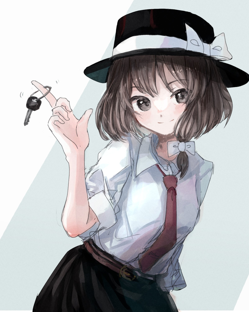1girl bangs black_headwear bow brown_eyes collared_shirt commentary fedora hair_bow hat hat_bow highres key keyring looking_at_viewer minus_(sr_mineka) necktie puffy_short_sleeves puffy_sleeves red_necktie shirt short_hair short_sleeves smile solo touhou upper_body usami_renko white_bow white_shirt