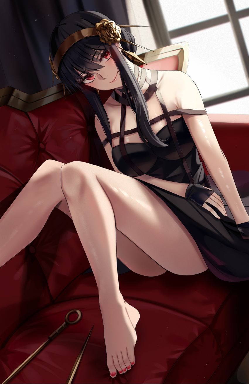 1girl bangs bare_legs bare_shoulders barefoot black_dress black_gloves black_hair blush breasts closed_mouth commentary couch curtains dagger dress earrings english_commentary eyebrows_visible_through_hair fingerless_gloves foot_out_of_frame gloves gold_hairband hair_bun head_tilt highres indoors jewelry knees_up knife large_breasts long_hair looking_at_viewer medium_hair nail_polish nicky_w on_couch red_eyes red_nails sidelocks sitting sleeveless sleeveless_dress smile solo spy_x_family thighs toes weapon window yor_briar