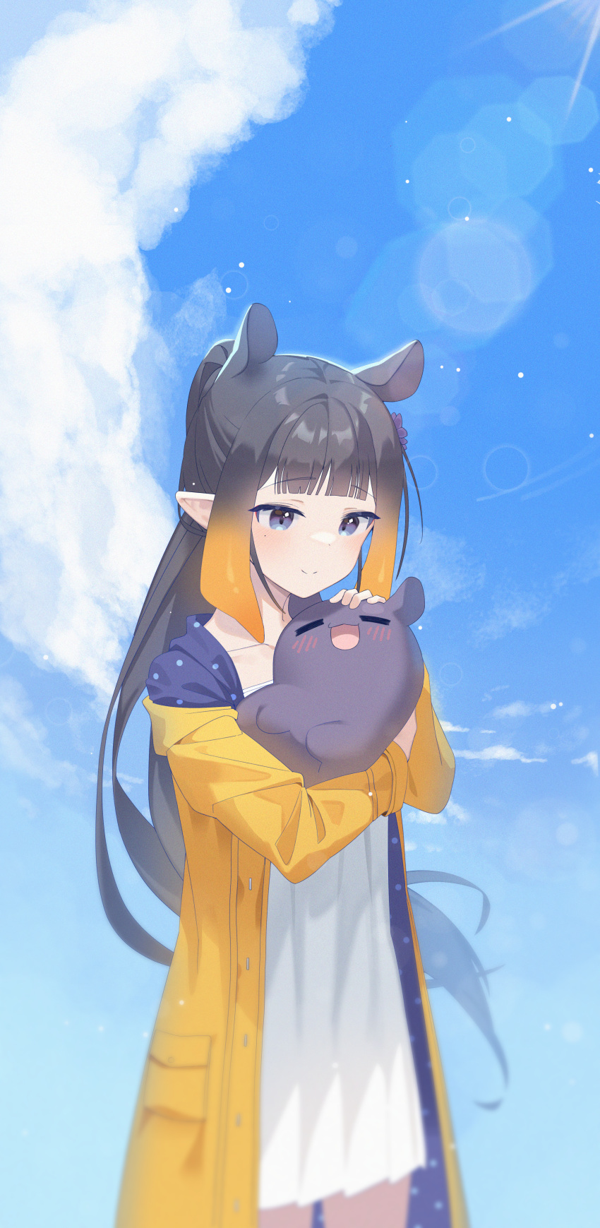 1girl absurdres animal_ears bangs black_hair blonde_hair blue_sky blunt_bangs blush closed_mouth clouds coat cowboy_shot creature day dress eyebrows_visible_through_hair highres holding holding_creature hololive hololive_english long_hair long_sleeves mole mole_under_eye multicolored_hair ninomae_ina'nis open_clothes open_coat petting pointy_ears ponytail sidelocks sky smile solo standing streaked_hair stu_diho tako_(ninomae_ina'nis) very_long_hair violet_(ninomae_ina'nis) virtual_youtuber white_dress yellow_coat