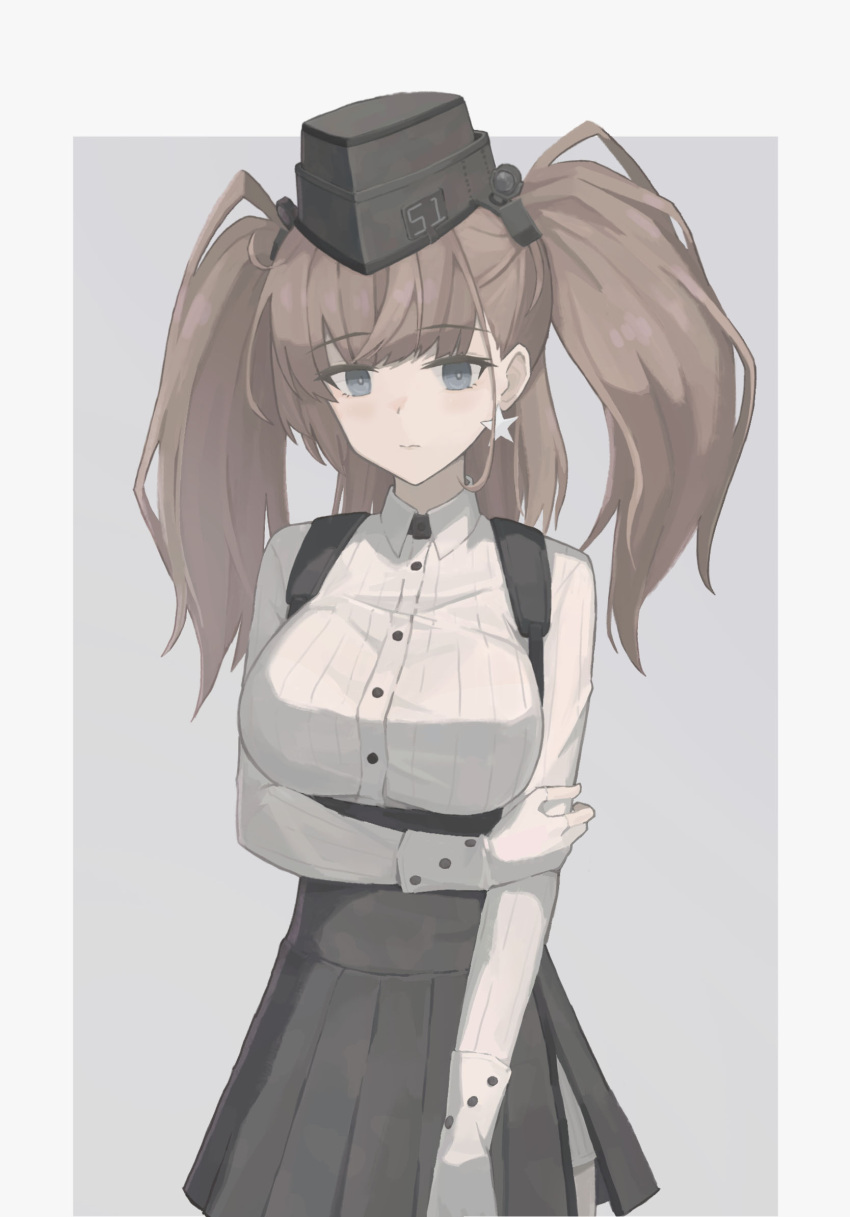 1girl anchor_hair_ornament atlanta_(kancolle) black_headwear black_skirt breasts brown_hair collared_shirt cowboy_shot dress_shirt earrings garrison_cap gloves grey_background grey_eyes hair_ornament hana_(pixiv74197937) hat high-waist_skirt highres jewelry kantai_collection large_breasts lips long_hair long_sleeves looking_at_viewer partially_fingerless_gloves shirt single_earring skirt solo star_(symbol) star_earrings suspender_skirt suspenders two-tone_background two_side_up white_background white_gloves white_shirt