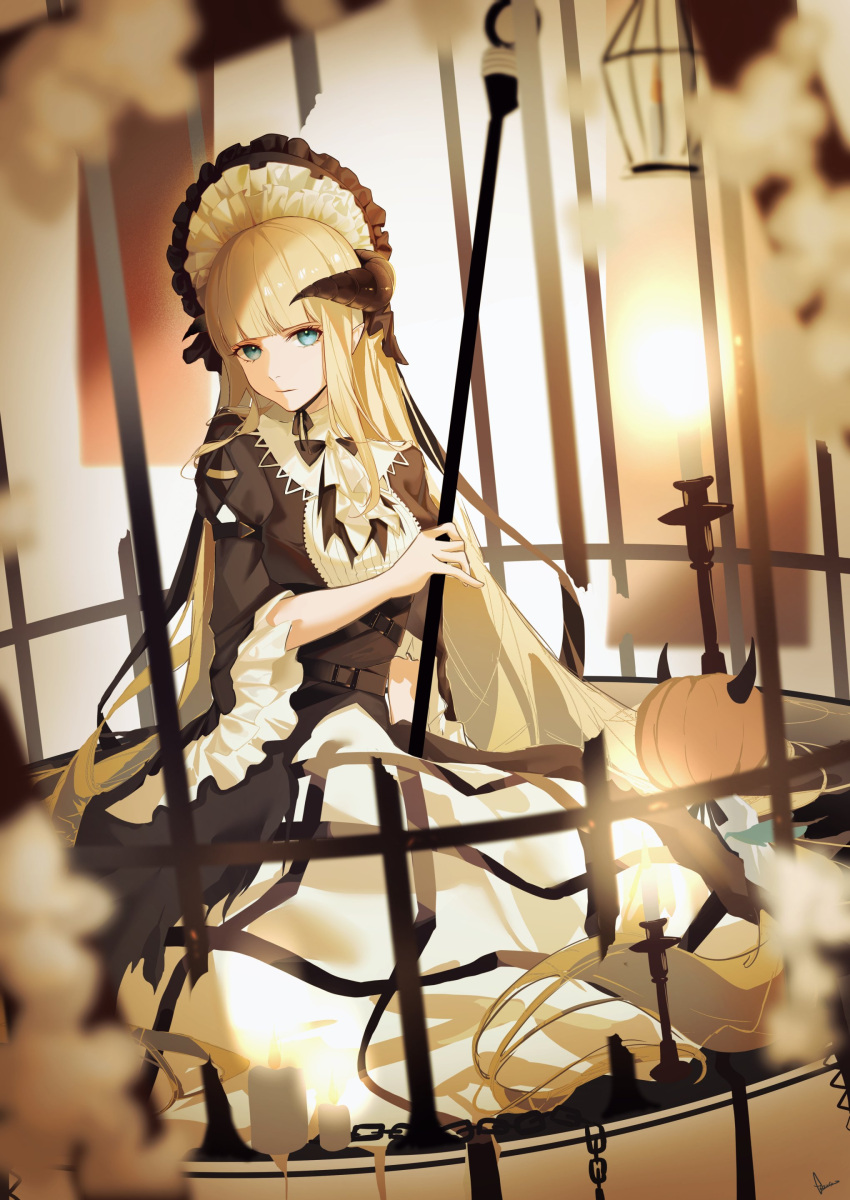 1girl absurdres arknights bangs birdcage black_dress blonde_hair blue_eyes blunt_bangs bonnet breasts cage candle closed_mouth creature dress full_body highres holding holding_staff horns kawausoman layered_dress long_hair long_sleeves looking_at_viewer medium_breasts nightingale_(an_elegy)_(arknights) nightingale_(arknights) official_alternate_costume pointy_ears sitting solo staff two-tone_dress very_long_hair white_dress wide_sleeves