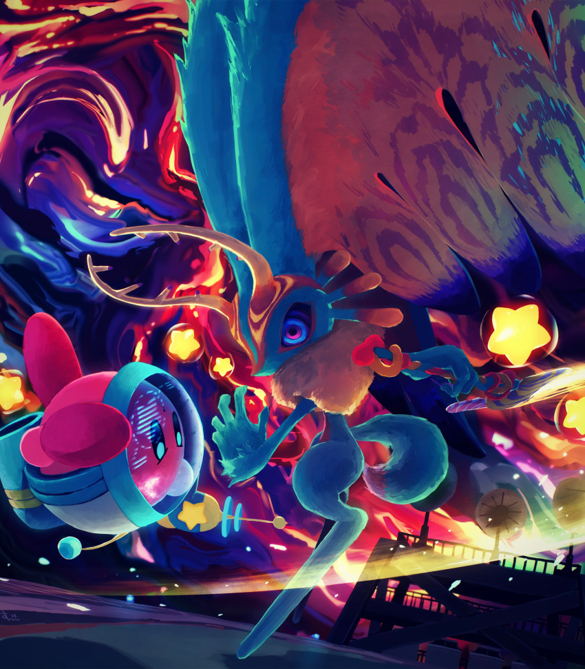 absurdres antlers dodging energy_gun fecto_elfilis head_wings highres kirby kirby_(series) kirby_and_the_forgotten_land looking_at_another multicolored_sky polearm radio_tower ray_gun red_eyes sky spear spoilers star_(symbol) suyasuyabi tail weapon