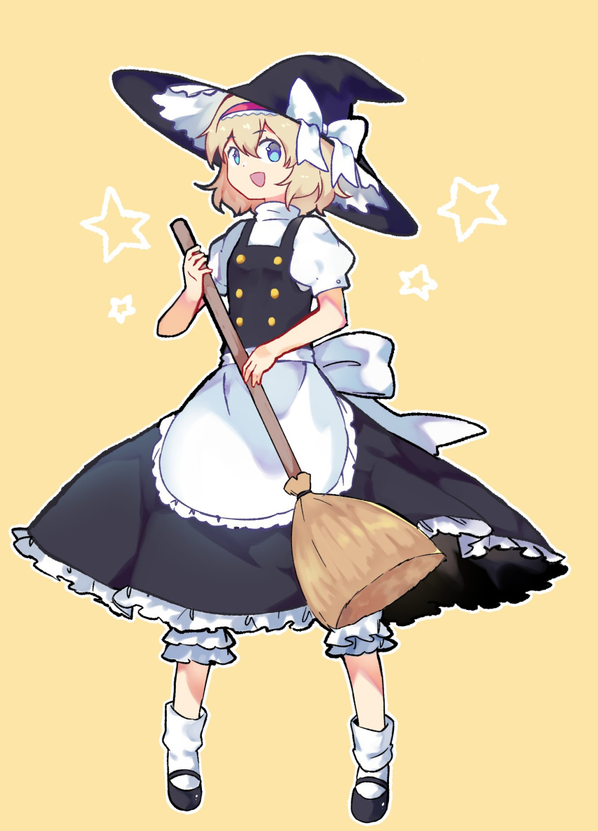 1girl alice_margatroid apron black_footwear black_skirt blonde_hair bloomers blue_eyes broom commeowdore cosplay costume_switch hat hat_ribbon highres kirisame_marisa open_mouth overalls ribbon short_hair short_sleeves simple_background skirt smile socks star_(symbol) touhou underwear