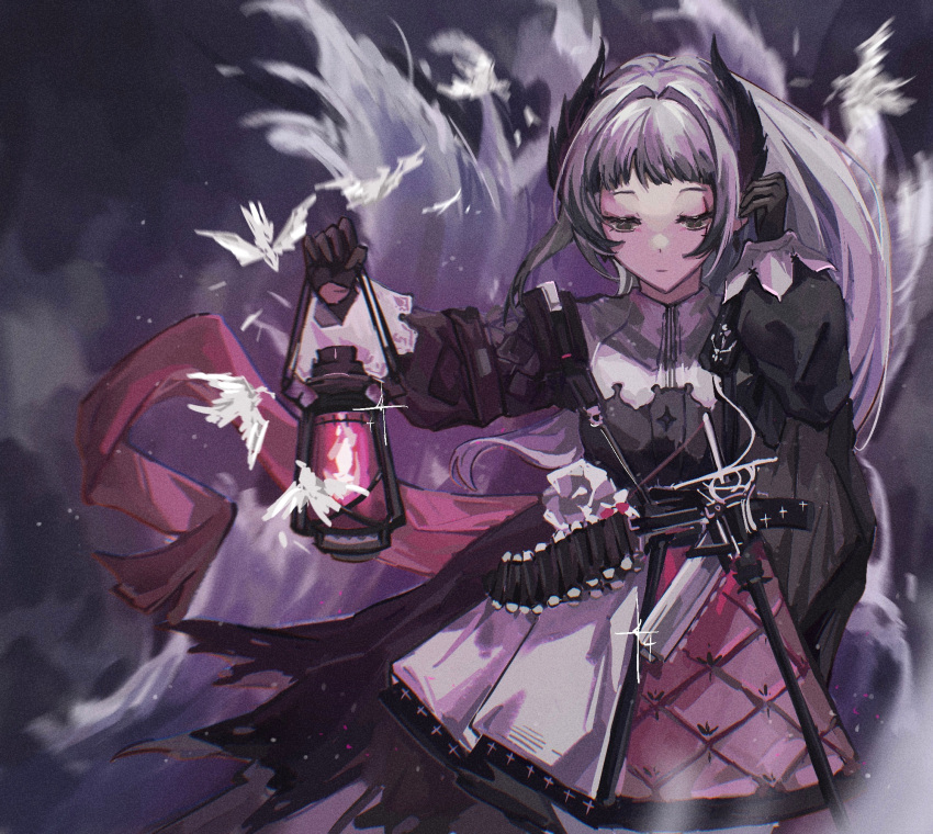 1girl arknights arms_up belt bird black_eyes black_gloves black_jacket closed_mouth cowboy_shot cowgirl_position expressionless gloves grey_hair gun head_wings high-waist_pants highres holding holding_lantern irene_(arknights) jacket lantern layered_skirt long_hair long_sleeves looking_away looking_down outdoors purple_skirt rapier sheath sheathed skirt solo straddling sword very_long_hair water waves weapon white_skirt