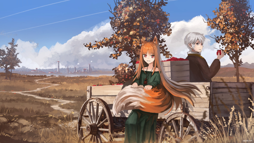 1boy 1girl animal_ear_fluff animal_ears anonamos apple autumn_leaves bare_shoulders blue_sky brown_hair clouds contrail craft_lawrence dress food fruit green_dress grey_eyes highres holding holding_food holding_fruit holo looking_at_viewer pouch red_eyes scenery signature sky smile spice_and_wolf tail tree wagon wagon_wheel wheat wolf_ears wolf_tail