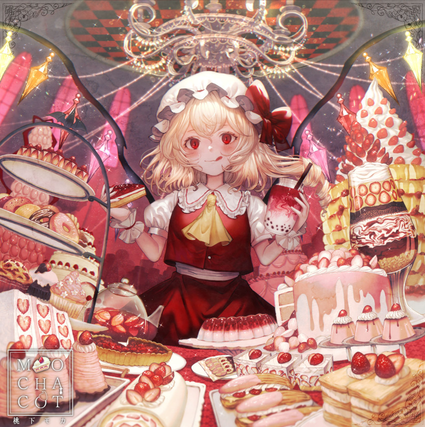 1girl :q ascot bangs blonde_hair blueberry bow cake cake_slice cookie crystal cup cupcake doughnut flandre_scarlet food fork frilled_shirt_collar frills fruit hair_between_eyes hat hat_ribbon highres holding holding_fork holding_plate licking_lips looking_at_viewer macaron mob_cap mochacot pancake pastry pie plate puffy_short_sleeves puffy_sleeves red_bow red_eyes red_nails red_ribbon red_skirt red_vest ribbon shirt short_sleeves skirt skirt_set solo spoon strawberry strawberry_shortcake sweets teacup tiered_tray tongue tongue_out touhou vest white_headwear white_shirt wings wrist_cuffs