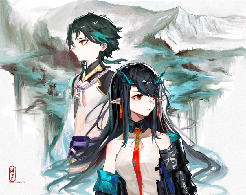 1boy 1girl arknights bead_necklace beads black_collar black_hair black_jacket breasts china_dress chinese_clothes cleavage_cutout clothing_cutout collar dated dragon_horns dress dusk_(arknights) earrings facial_mark forehead_mark genshin_impact green_hair highres horns jacket jewelry long_hair mountain multicolored_hair necklace necktie open_clothes open_jacket pointy_ears red_eyes red_necktie short_hair shuimo sleeveless sleeveless_dress small_breasts streaked_hair tassel tassel_earrings upper_body very_long_hair white_background white_dress xiao_(genshin_impact) yellow_eyes